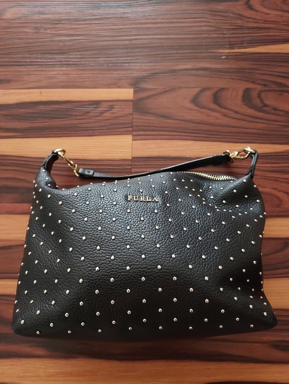 Furla Black Leather Studded Shoulder Bag with Gold Hardware